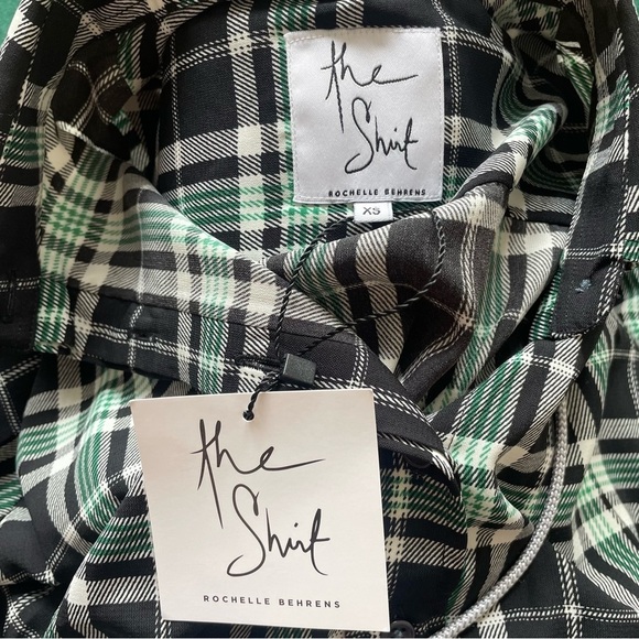 The Shirt by Rochelle Behrens Black White Green Plaid Icon Button Up NWOT Sz XS - Picture 5 of 8